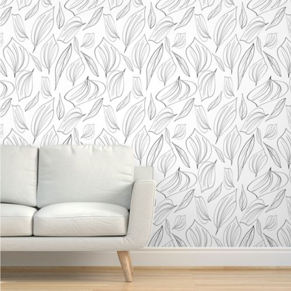 Peel & Stick Wallpaper; Black and White Foliage Leaf Design 03 - Removable Wallpaper