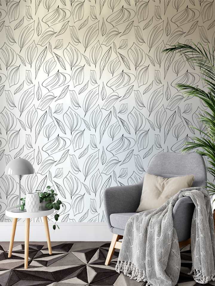 Peel & Stick Wallpaper; Black and White Foliage Leaf Design 03 - Removable Wallpaper