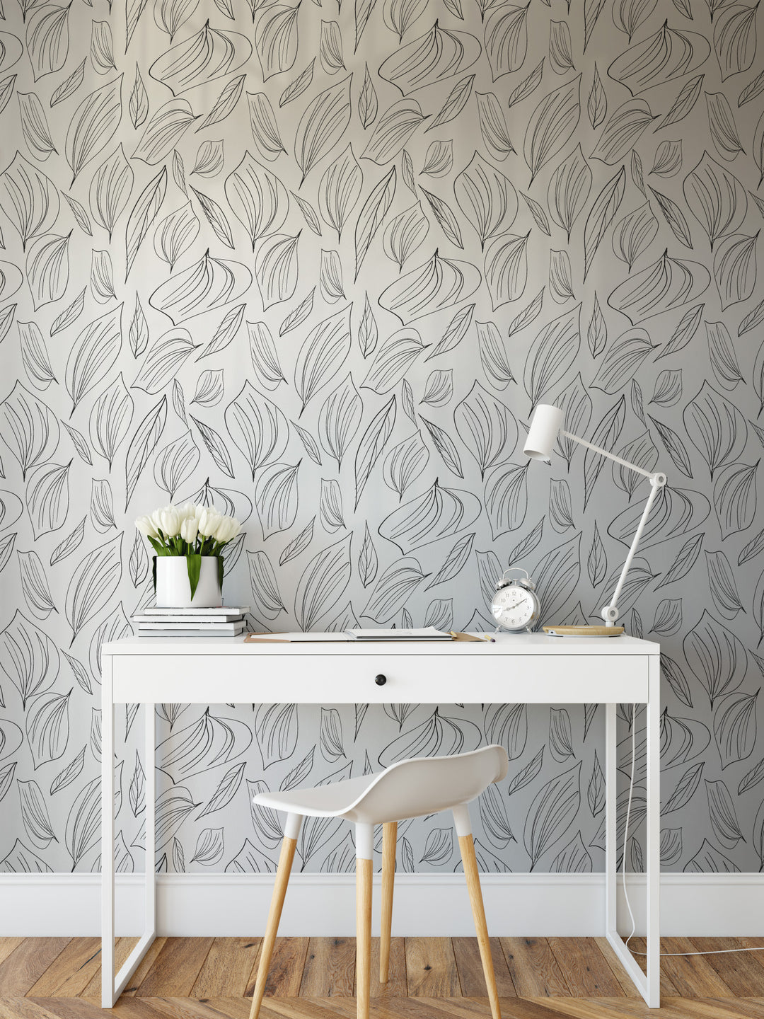 Peel & Stick Wallpaper; Black and White Foliage Leaf Design 03 - Removable Wallpaper