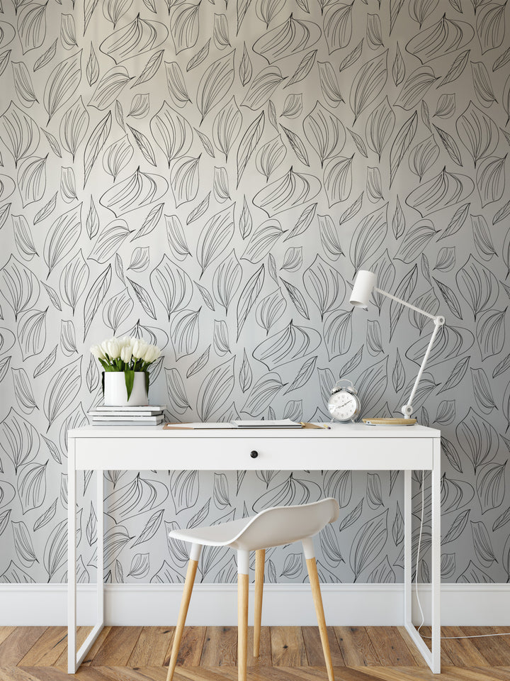 Peel & Stick Wallpaper; Black and White Foliage Leaf Design 03 - Removable Wallpaper