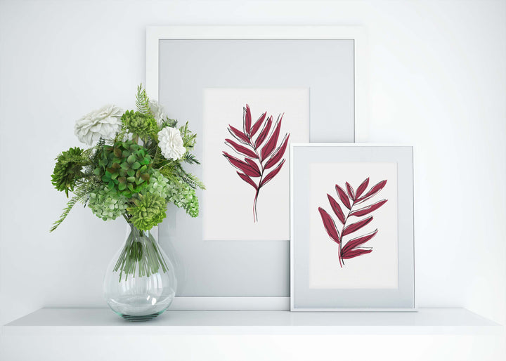 Viva Magenta colored Leaves with Black Offset Line Design #22-10- Set of 3; Digital Download Wall Art