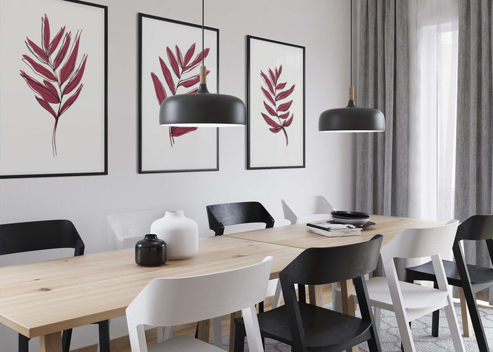 Viva Magenta colored Leaves with Black Offset Line Design #22-10- Set of 3; Digital Download Wall Art