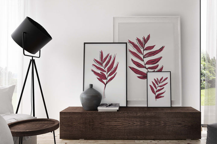 Viva Magenta colored Leaves with Black Offset Line Design #22-10- Set of 3; Digital Download Wall Art