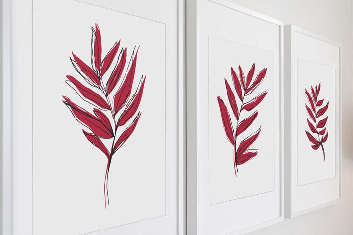 Viva Magenta colored Leaves with Black Offset Line Design #22-10- Set of 3; Digital Download Wall Art