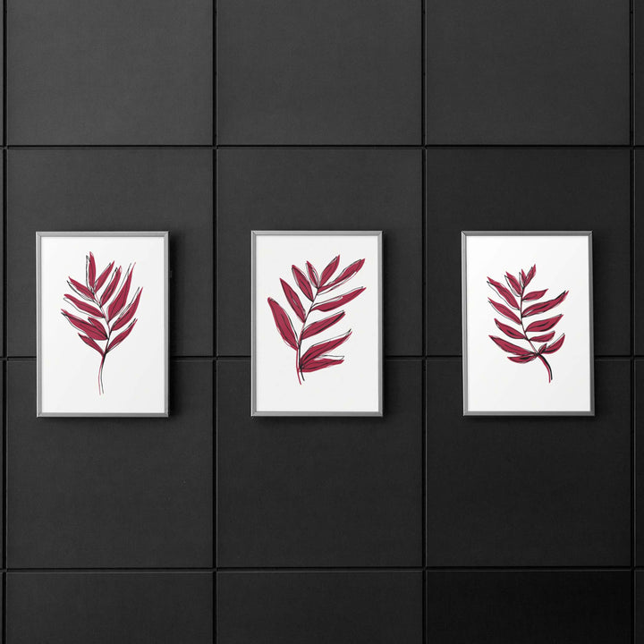 Viva Magenta colored Leaves with Black Offset Line Design #22-10- Set of 3; Digital Download Wall Art
