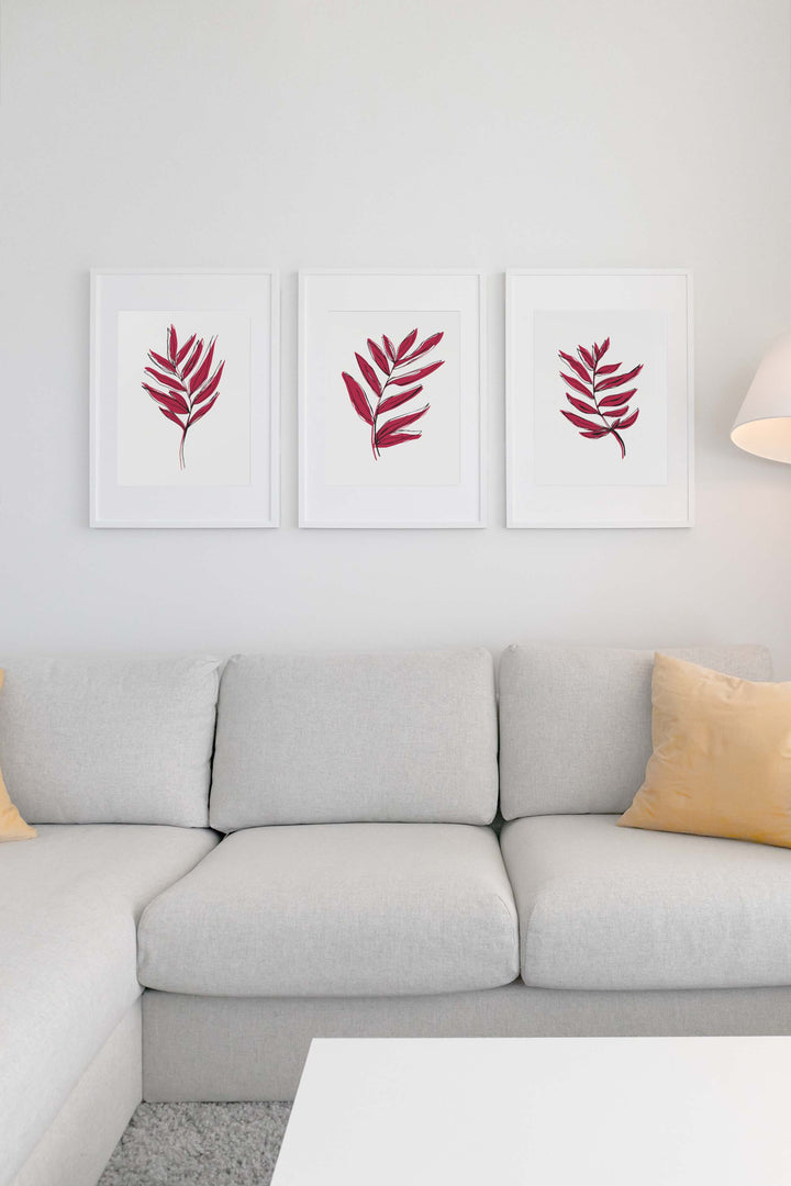 Viva Magenta colored Leaves with Black Offset Line Design #22-10- Set of 3; Digital Download Wall Art