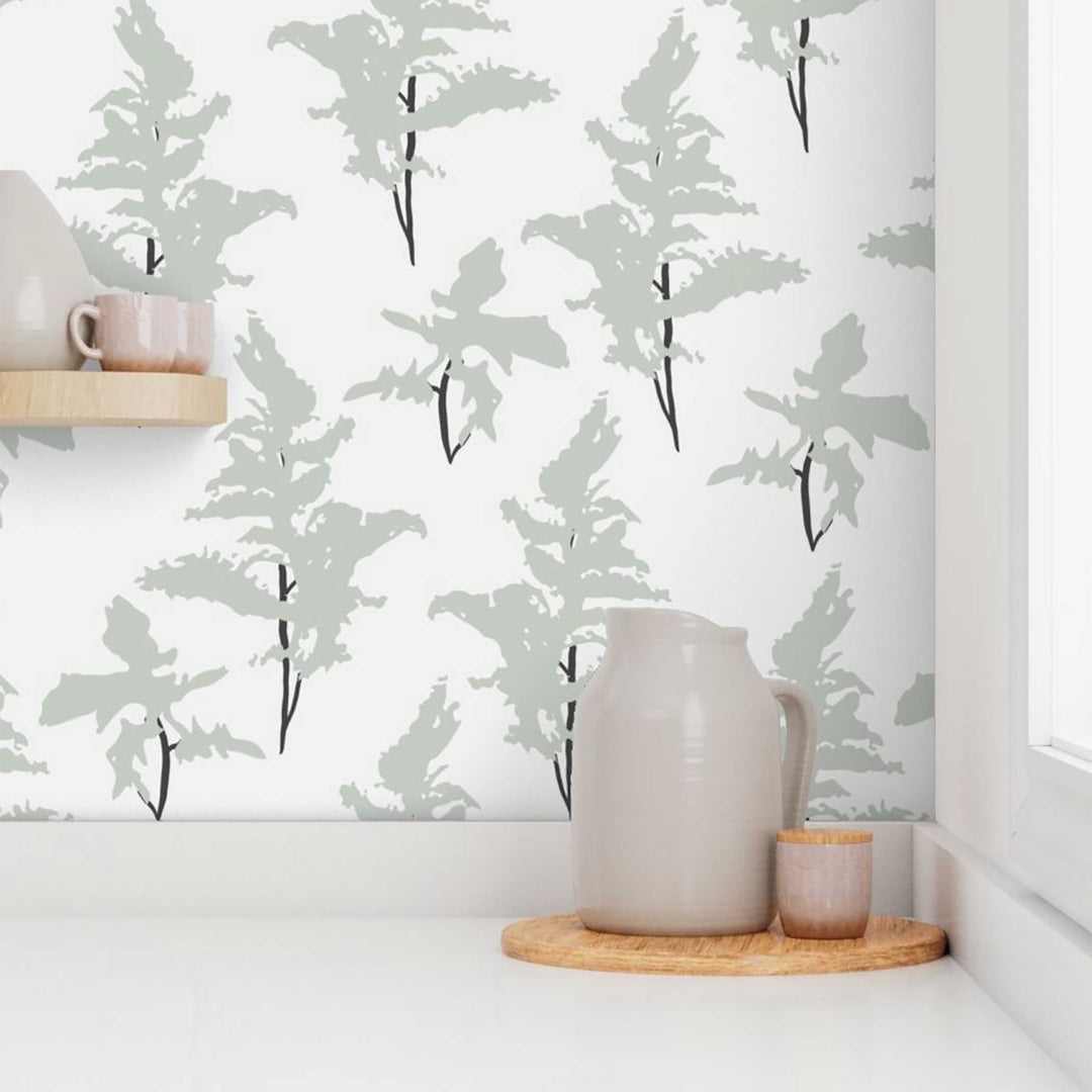 White and Sage Green Peel and Stick Removable Wallpaper - Madame Cola Design 01L