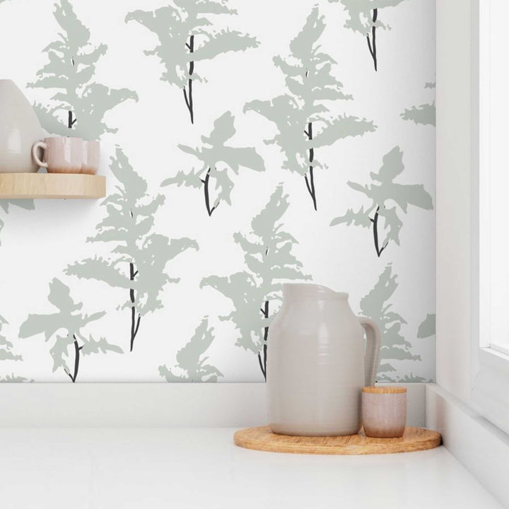 White and Sage Green Peel and Stick Removable Wallpaper - Madame Cola Design 01L