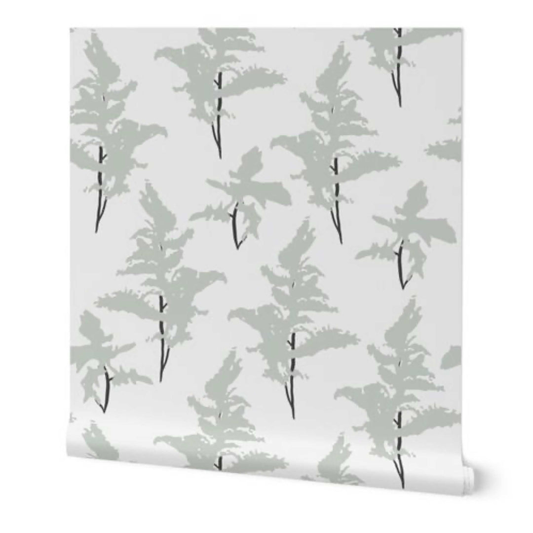 White and Sage Green Peel and Stick Removable Wallpaper - Madame Cola Design 01L