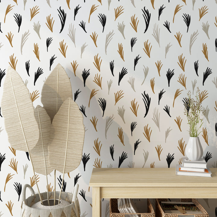 Yellow, Black and Gray Boho Hand Drawn Tropical Leaves Peel and Stick Wallpaper