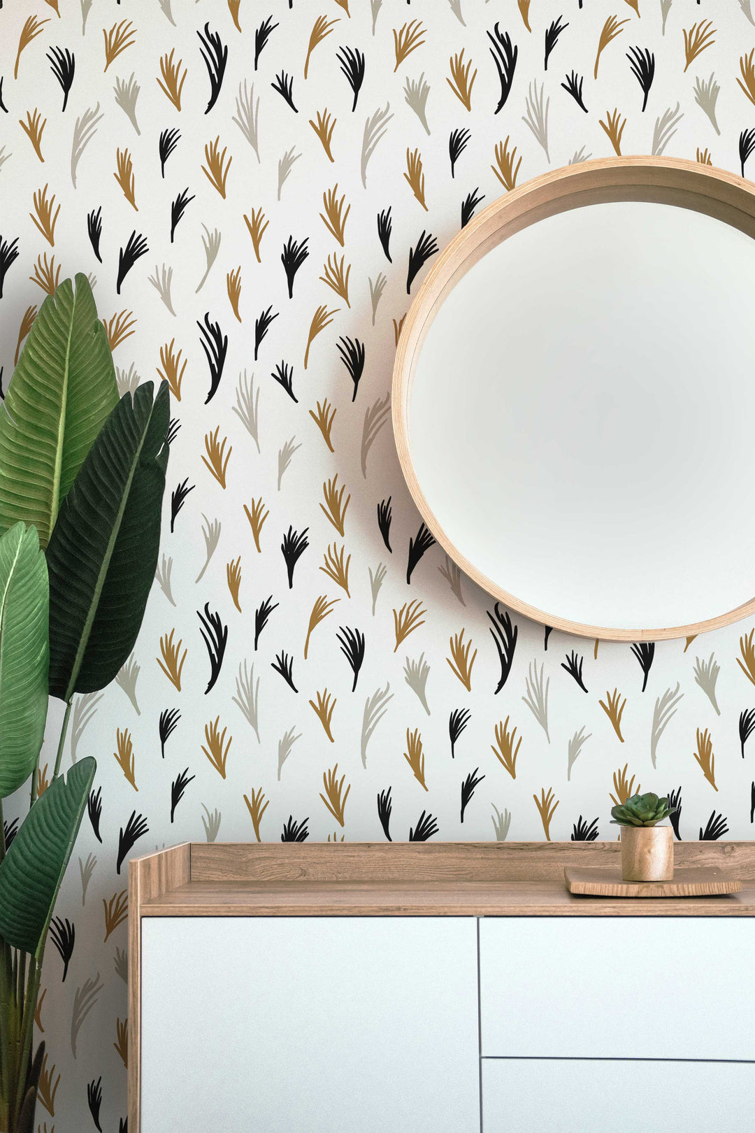 Yellow, Black and Gray Boho Hand Drawn Tropical Leaves Peel and Stick Wallpaper
