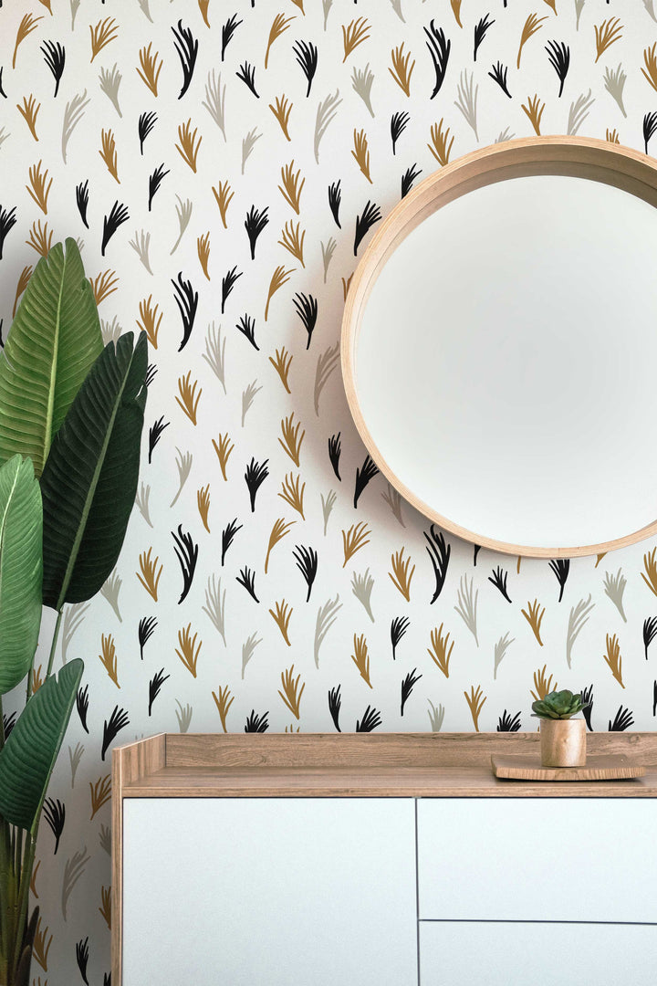 Yellow, Black and Gray Boho Hand Drawn Tropical Leaves Peel and Stick Wallpaper