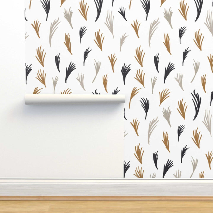 Yellow, Black and Gray Boho Hand Drawn Tropical Leaves Peel and Stick Wallpaper