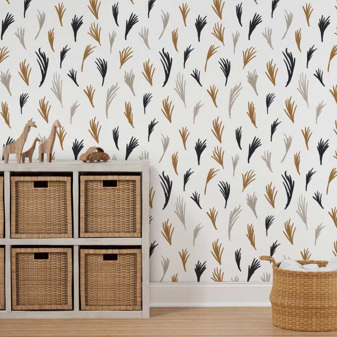 Yellow, Black and Gray Boho Hand Drawn Tropical Leaves Peel and Stick Wallpaper