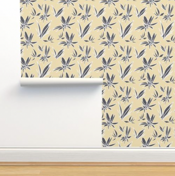 MJG's Yellow Joy Design with a White Charcoal Gray Leaf Pattern Design - Peel and Stick Removable Wallpaper