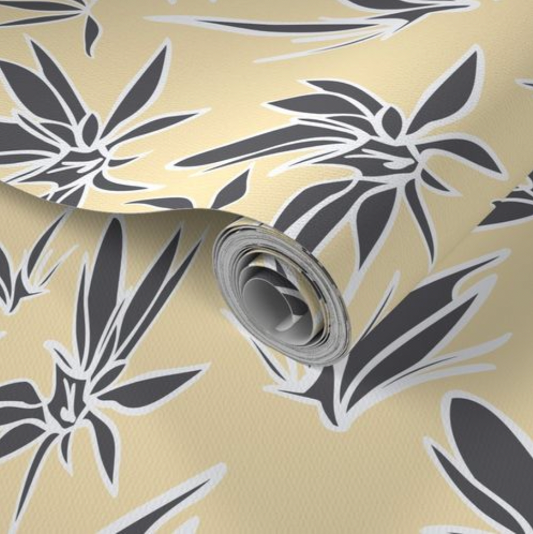 MJG's Yellow Joy Design with a White Charcoal Gray Leaf Pattern Design - Peel and Stick Removable Wallpaper
