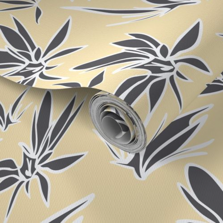 MJG's Yellow Joy Design with a White Charcoal Gray Leaf Pattern Design - Peel and Stick Removable Wallpaper