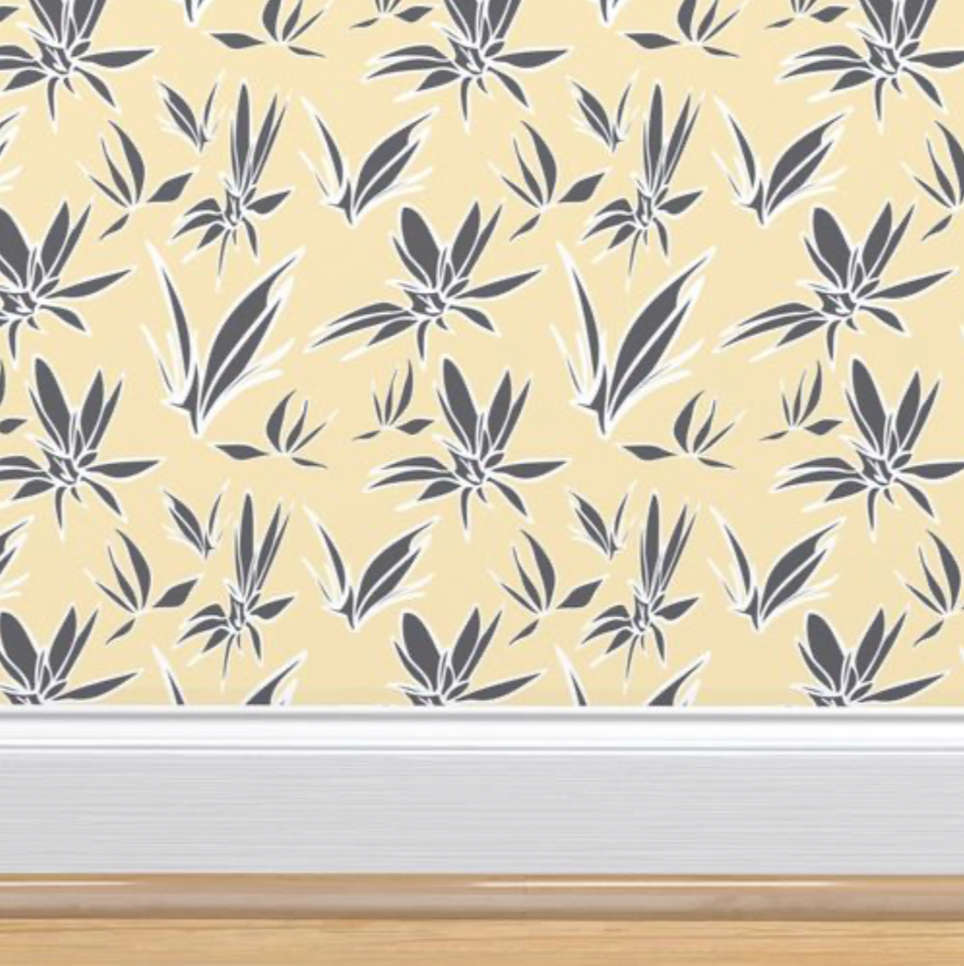 MJG's Yellow Joy Design with a White Charcoal Gray Leaf Pattern Design - Peel and Stick Removable Wallpaper