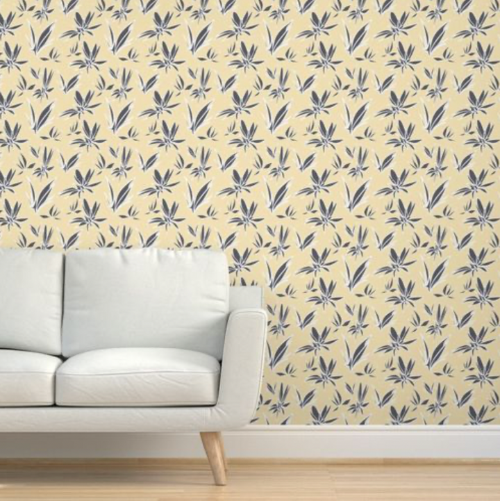 MJG's Yellow Joy Design with a White Charcoal Gray Leaf Pattern Design - Peel and Stick Removable Wallpaper