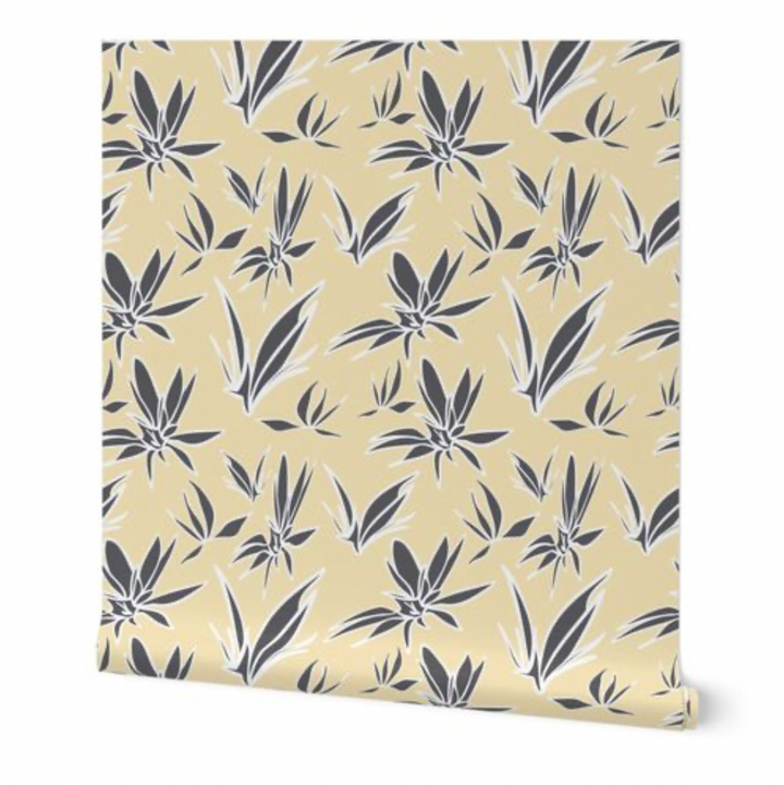 MJG's Yellow Joy Design with a White Charcoal Gray Leaf Pattern Design - Peel and Stick Removable Wallpaper