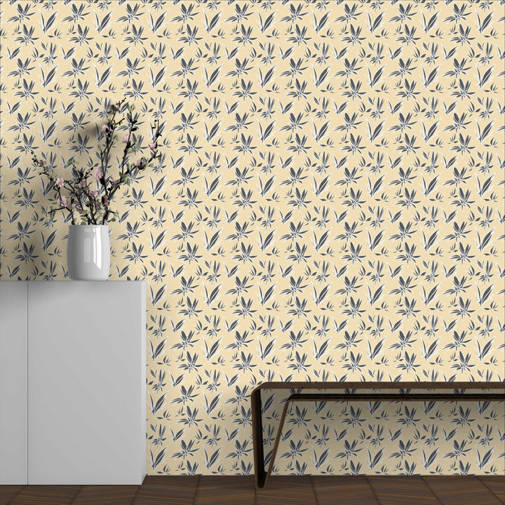 MJG's Yellow Joy Design with a White Charcoal Gray Leaf Pattern Design - Peel and Stick Removable Wallpaper