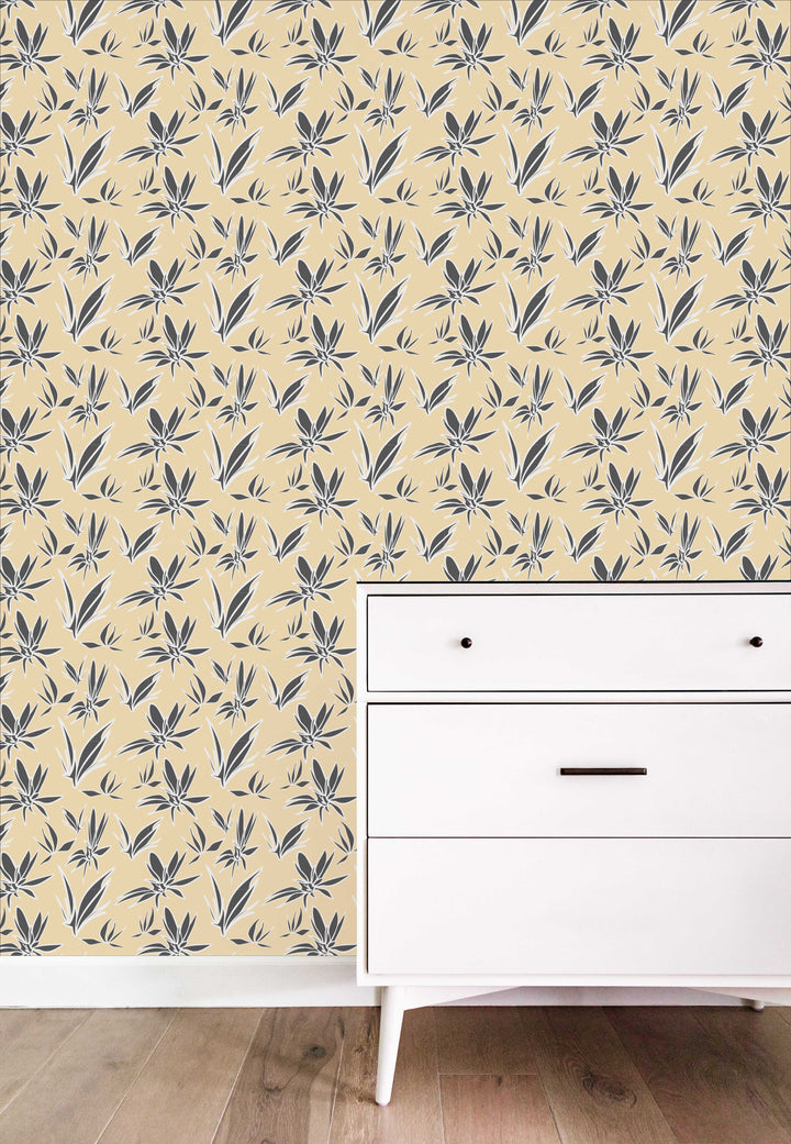 MJG's Yellow Joy Design with a White Charcoal Gray Leaf Pattern Design - Peel and Stick Removable Wallpaper