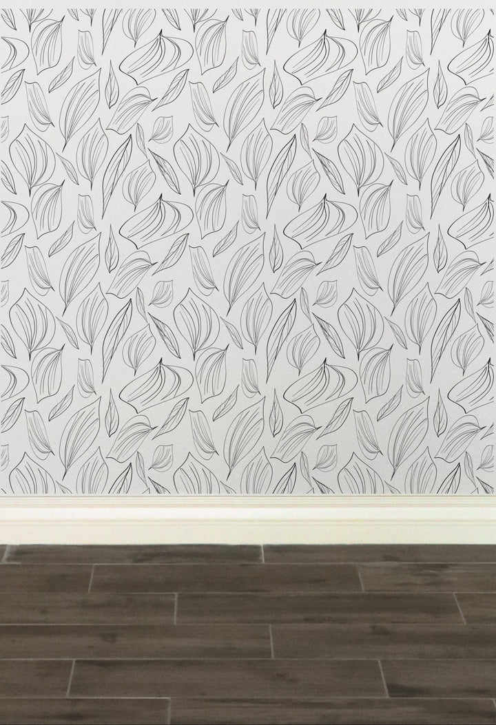 Peel & Stick Wallpaper; Black and White Foliage Leaf Design 03 - Removable Wallpaper